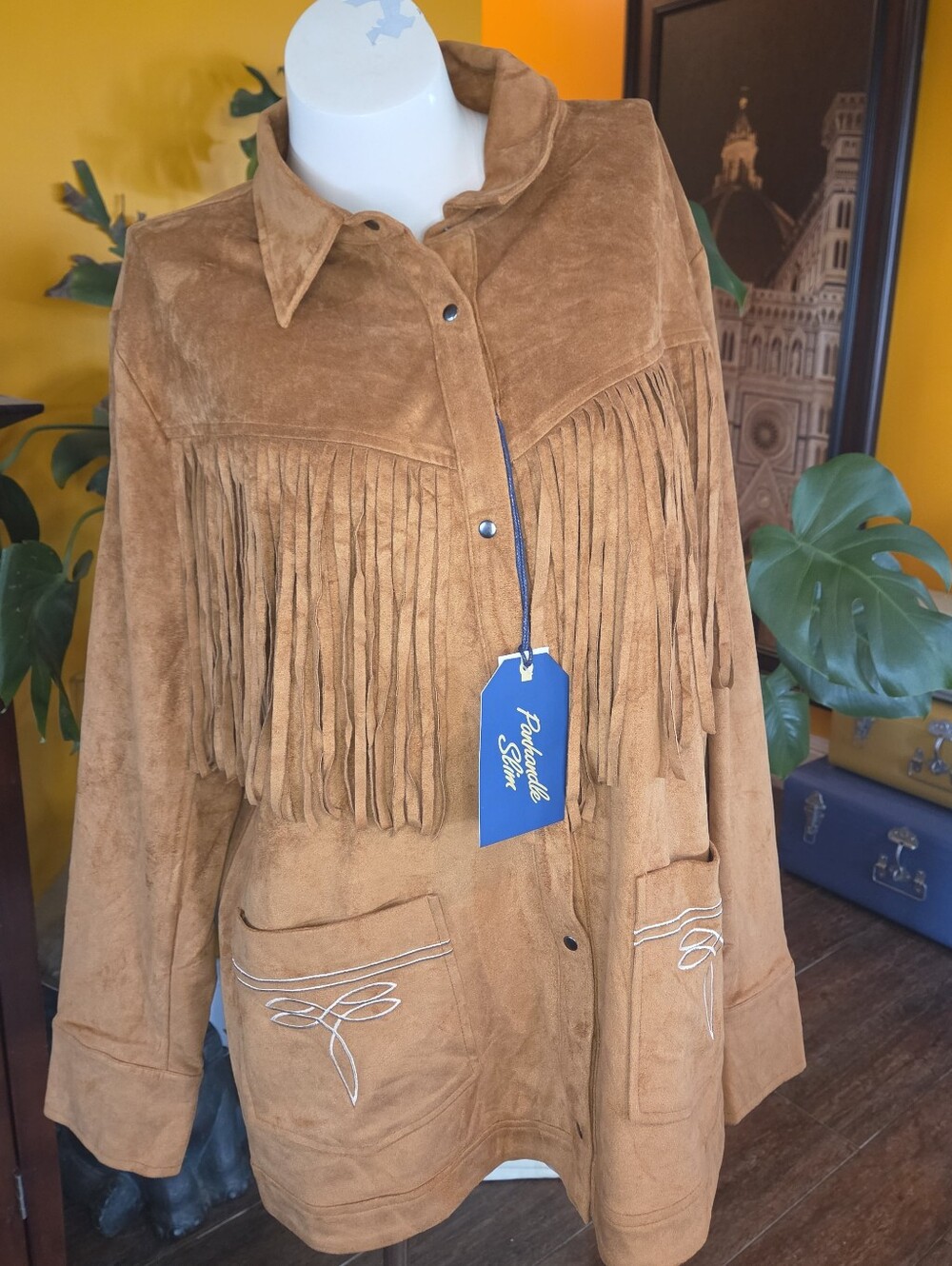 Panhandle Slim Brown Faux Suede Fringe Jacket with Boot Stitch Embroidery